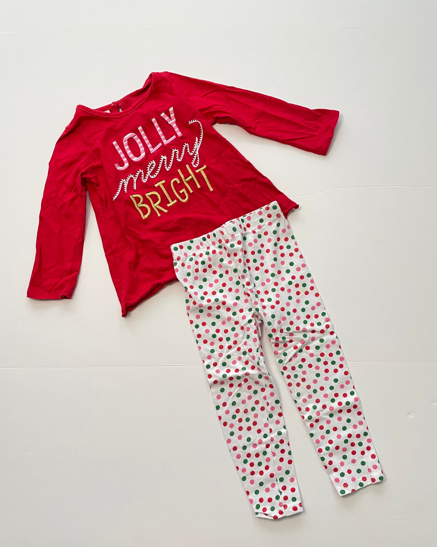 #121 Girls 3T Christmas outfit red shirt with polka dot leggings, VGUC/GUC (see description)