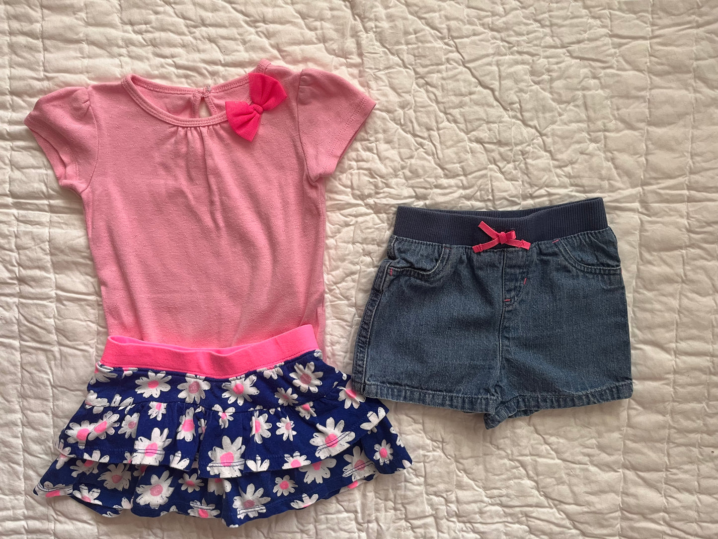Girls Pink Shirt, Floral Skort, and Denim Shorts Size 18M