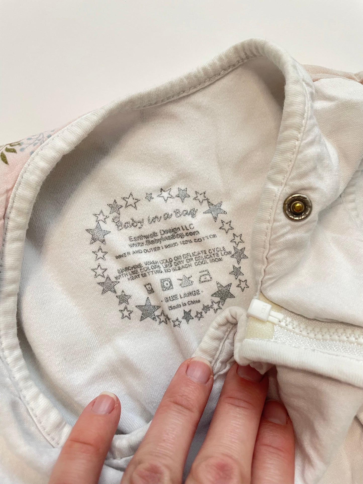 #121 Baby in a Bag large cotton sleep sack animal print, GUC