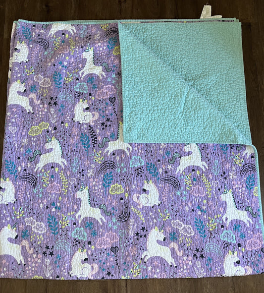 #124 Purple Unicorn Reversible Quilt Set - full size quilt, 2 pillow shams & 2 decorative pillows