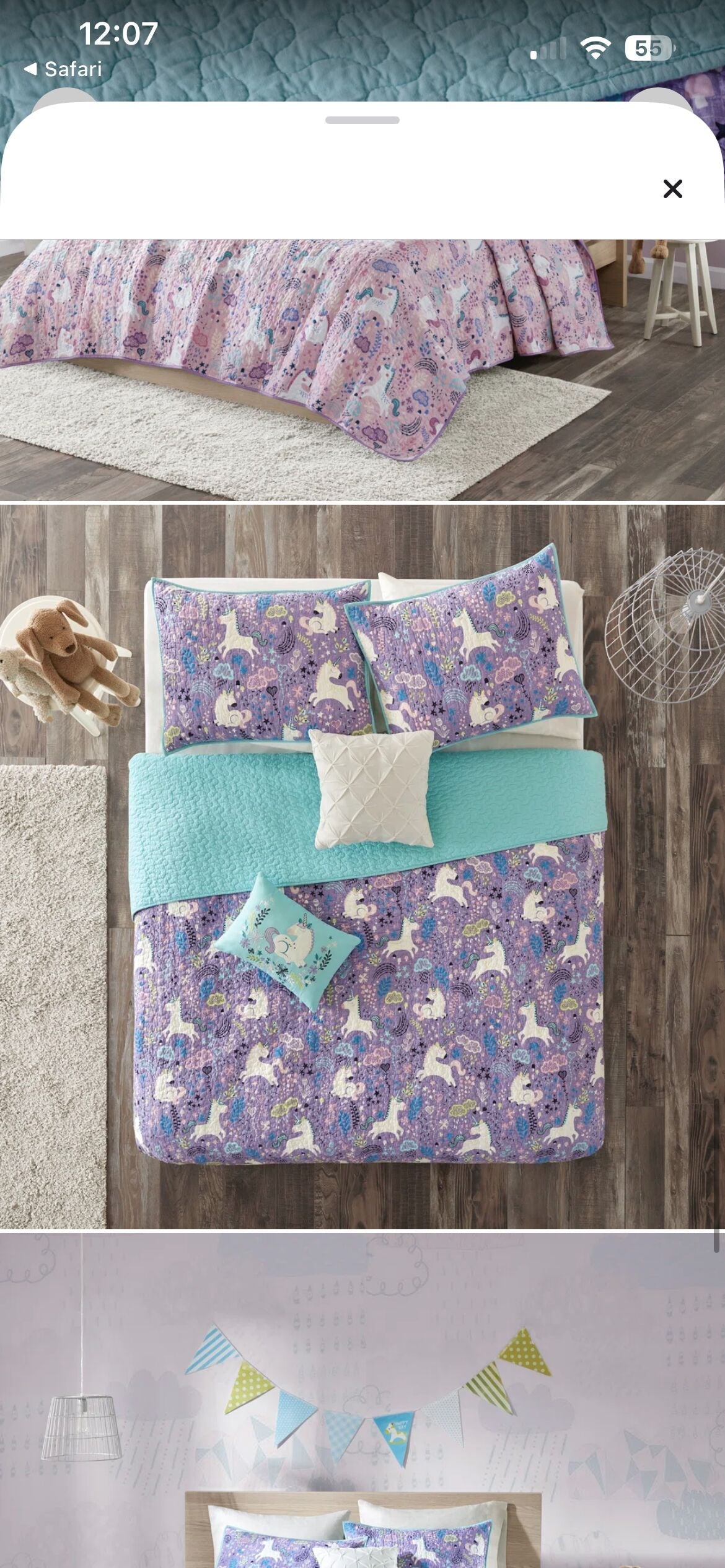 #124 Purple Unicorn Reversible Quilt Set - full size quilt, 2 pillow shams & 2 decorative pillows