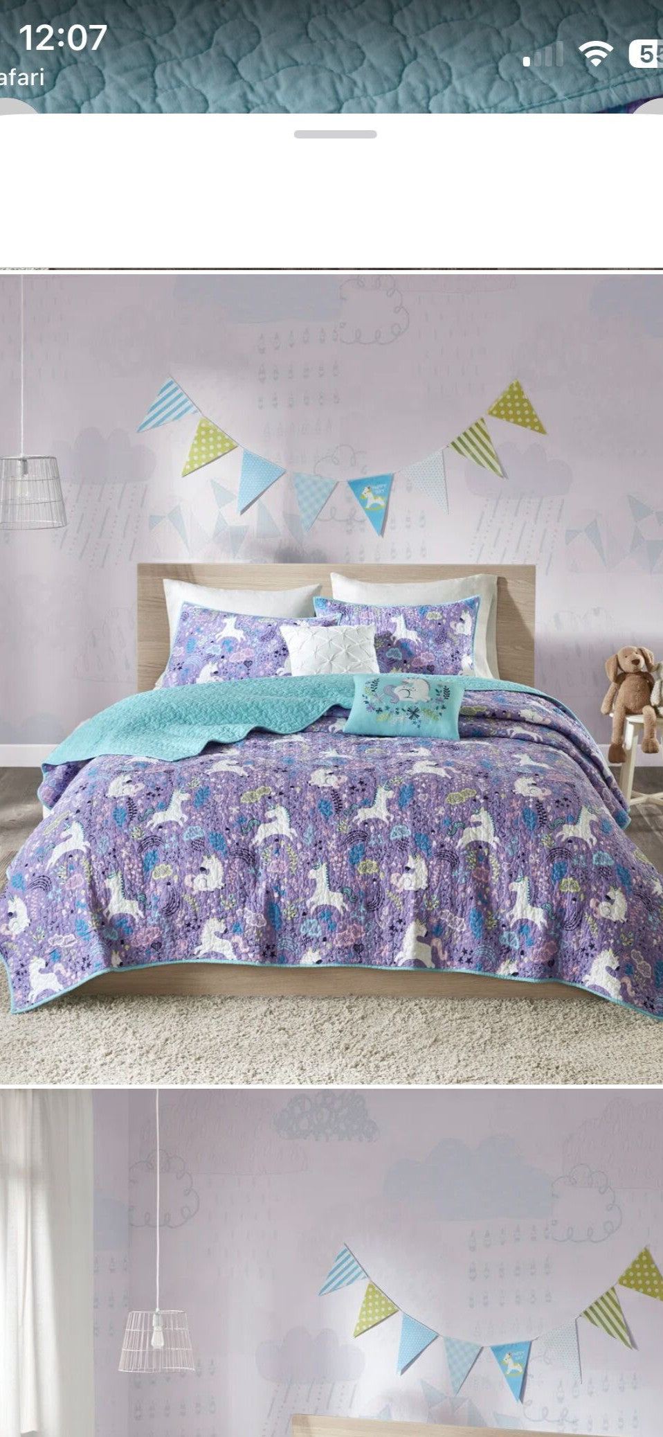 #124 Purple Unicorn Reversible Quilt Set - full size quilt, 2 pillow shams & 2 decorative pillows