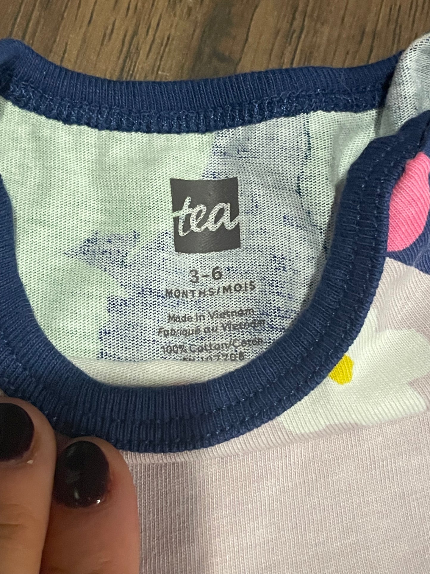 83A girls tea collection blue romper size 6 months EUC