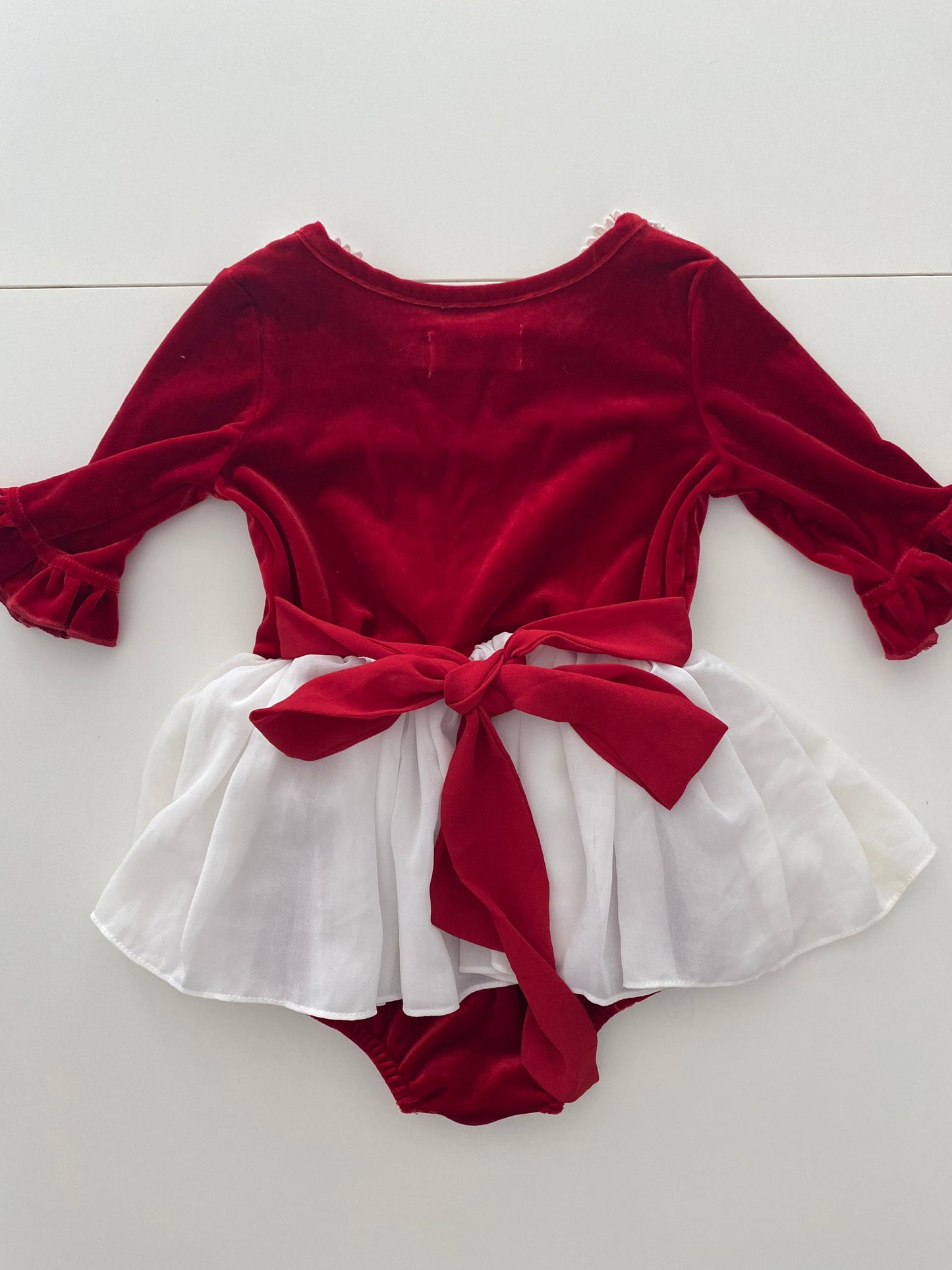 #117, Girls 4T, Girl August red velvet holiday skirted romper, EUC