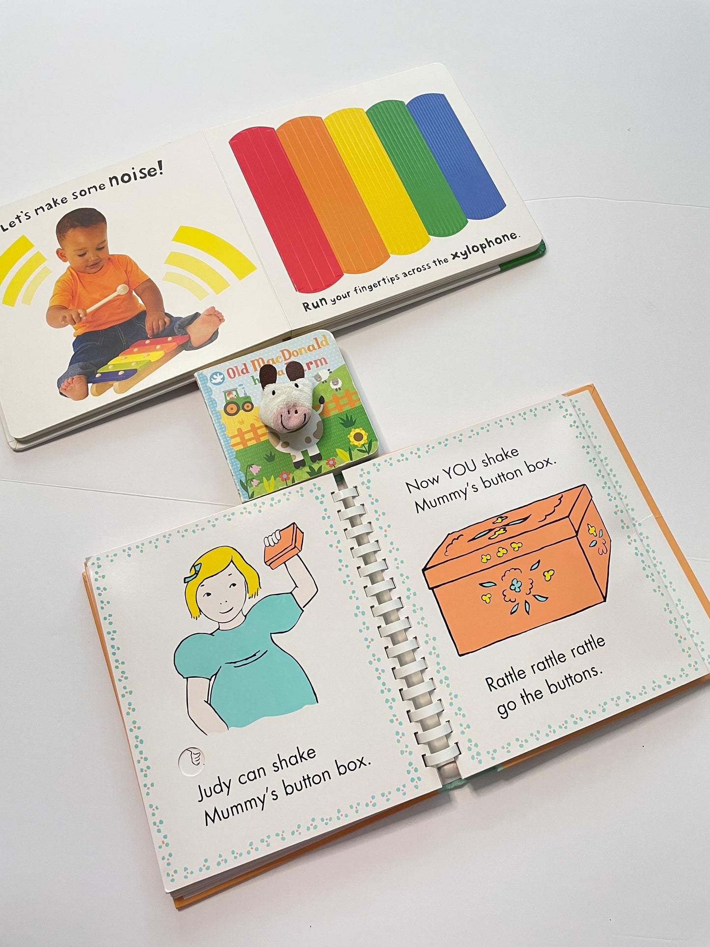 #121 Set of 3 Touchy Feely books, See Touch Feel, Deluxe Pat the Bunny, Old MacDonald cow puppet, VGUC
