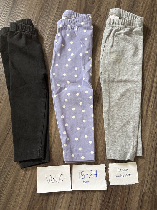 #138 - 18-24 Mo - 3 Pair Hanna Andersson Pants - VGUC (black, purple dot, grey)