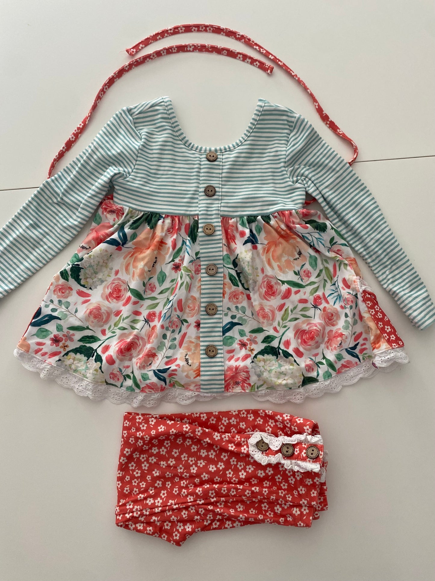 #117, Girls 2T, Cheeky Plum green/orange floral tunic set, EUC