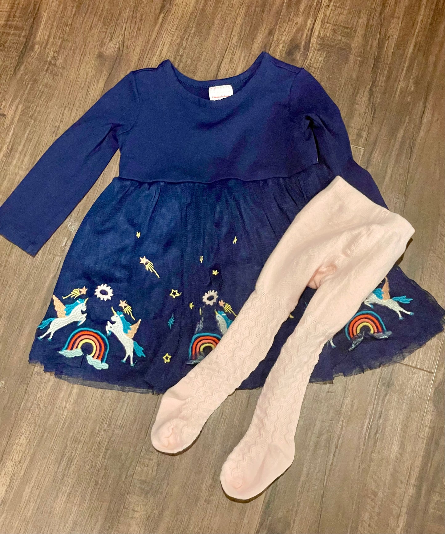 83A girls Hanna Andersson navy unicorn dress and tights size 18 months EUC