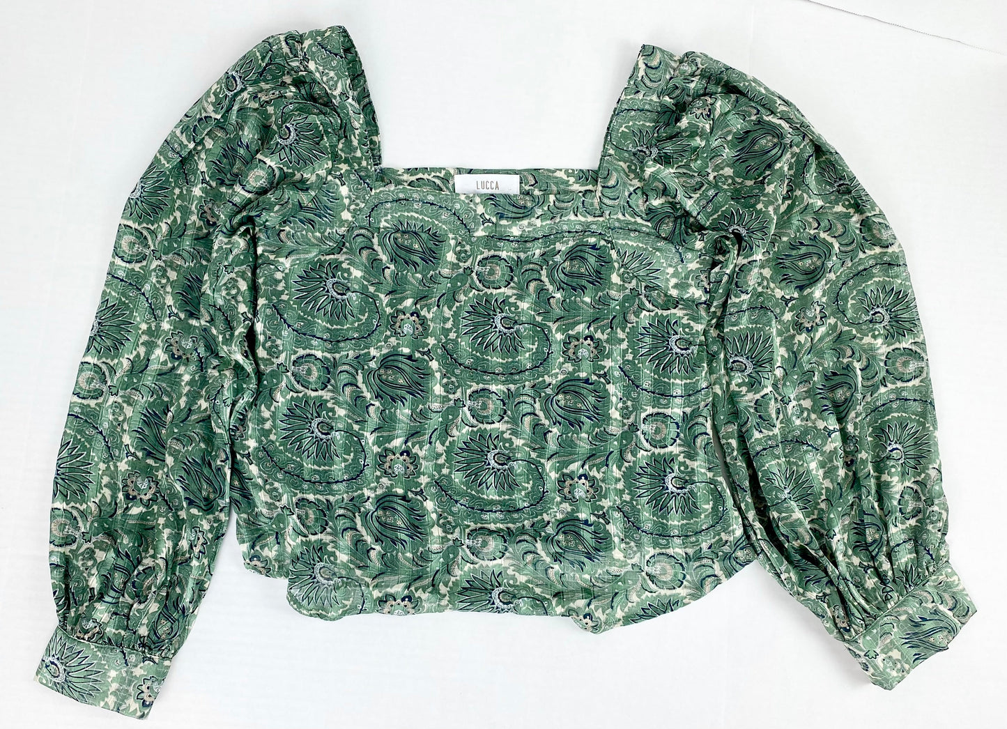 Women-XS-NWOT-Lucca green pattern long slv shirt square neck hip length