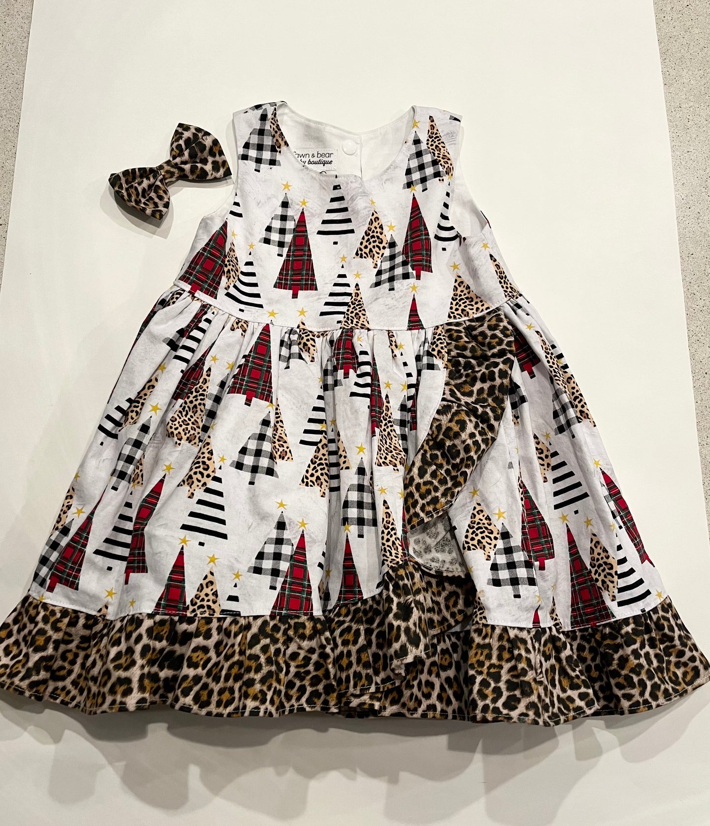 Boutique Holiday Leopard Tree Dress + Bow, Sz 3