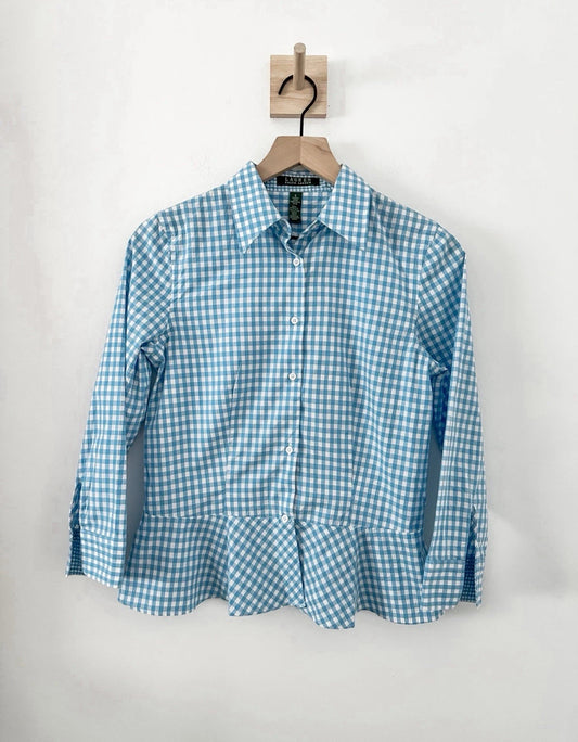 #111 Lauren Ralph Lauren Gingham Peplum Shirt Women’s Size 6 Button Front 3/4 Sleeve