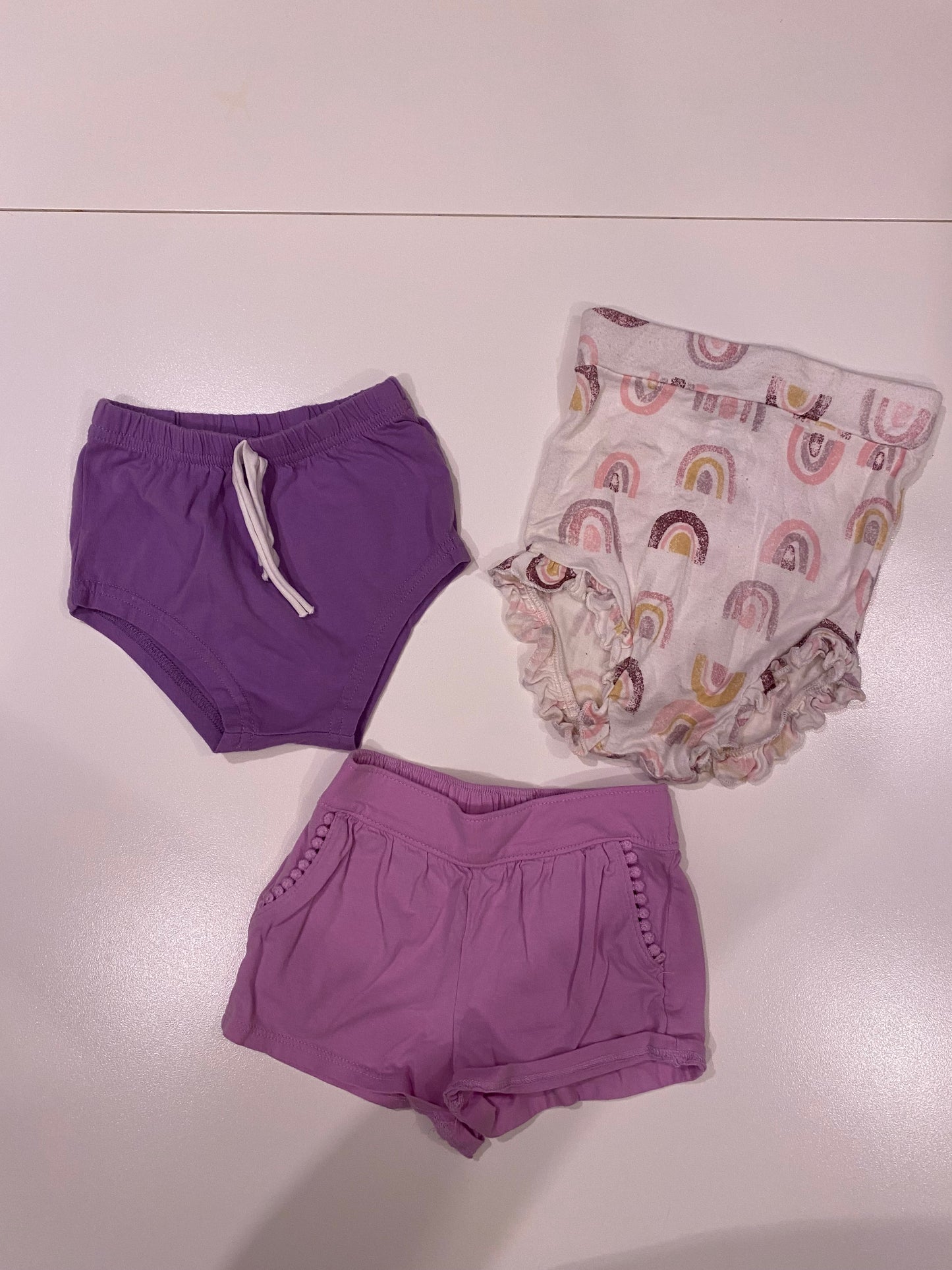 Spearmint Love Rainbow Bloomers and June & January and Oshkosh Purple Short Bundle Set of 3 Girls 12-18M