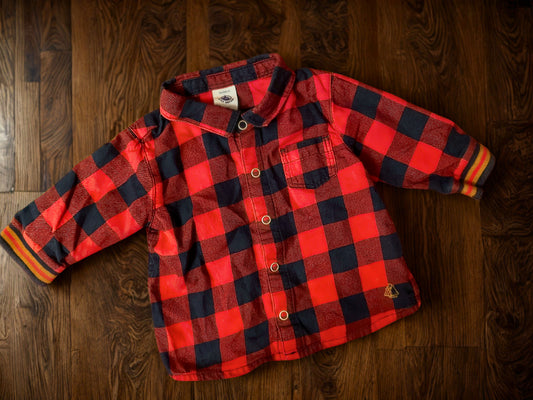 #193 - Petit Bateau Long-Sleeve Button Down Shirt, Plaid, Boys 3M
