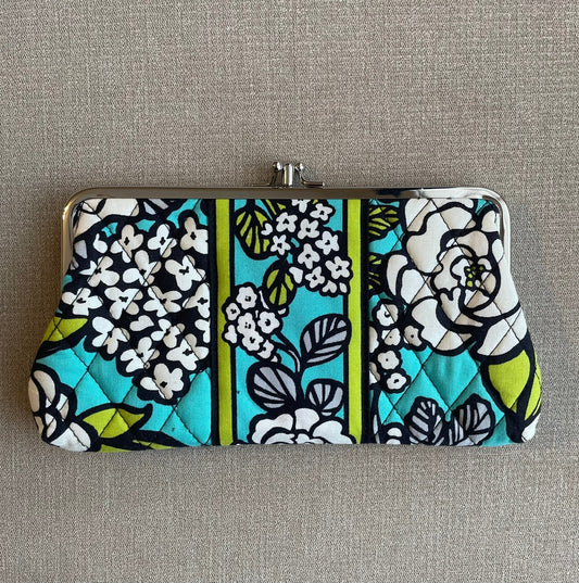(REDUCED) Seller #12 | Vera Bradley Quilted Clutch/Wallet | Tourquios, green, and white RETIRED Island Blooms Pattern | EUC