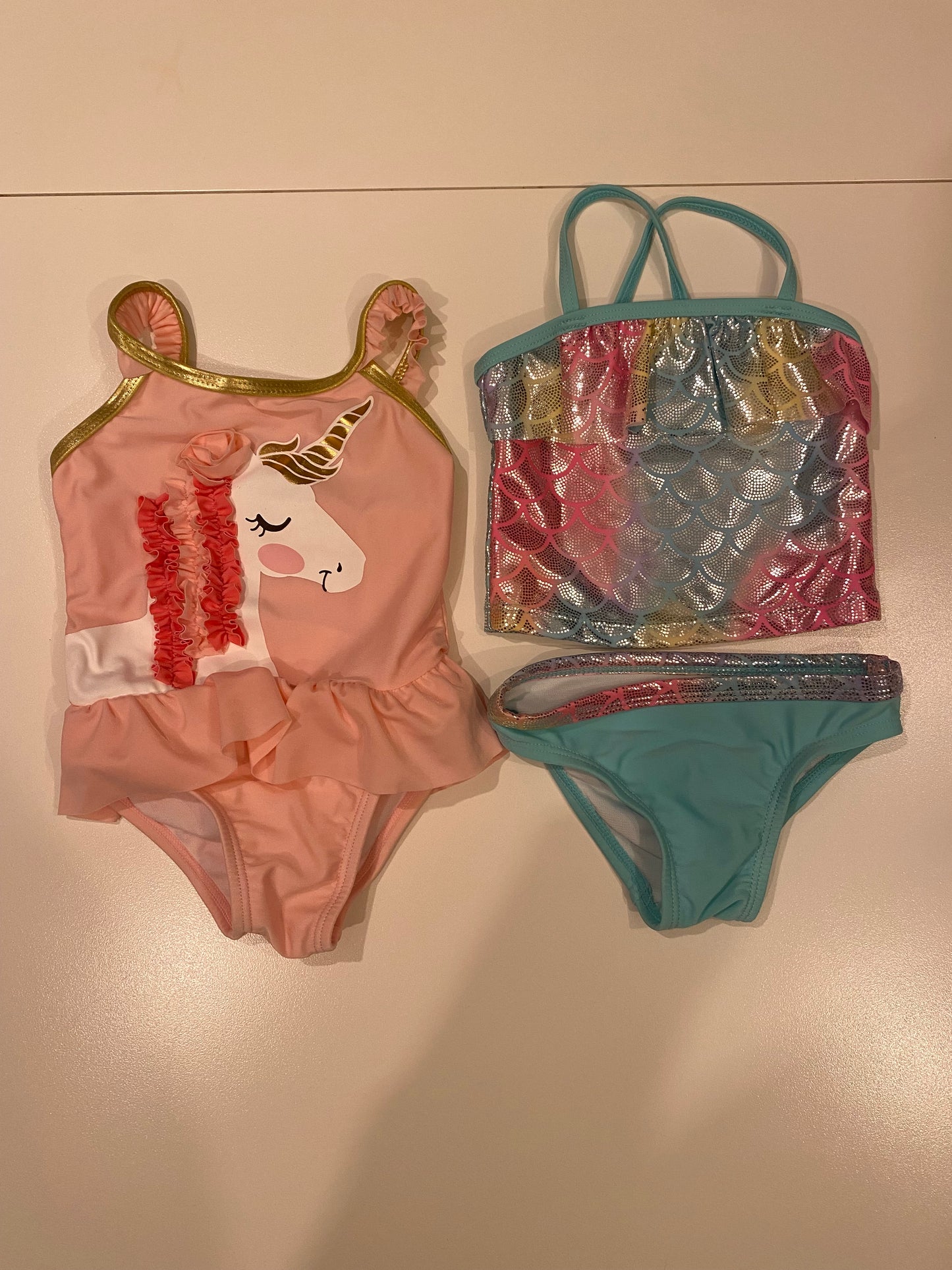 Wonder Nation Mermaid print bikini and Freestyle Revolution Unicorn One-piece Swimsuit Bundle Girls 12M