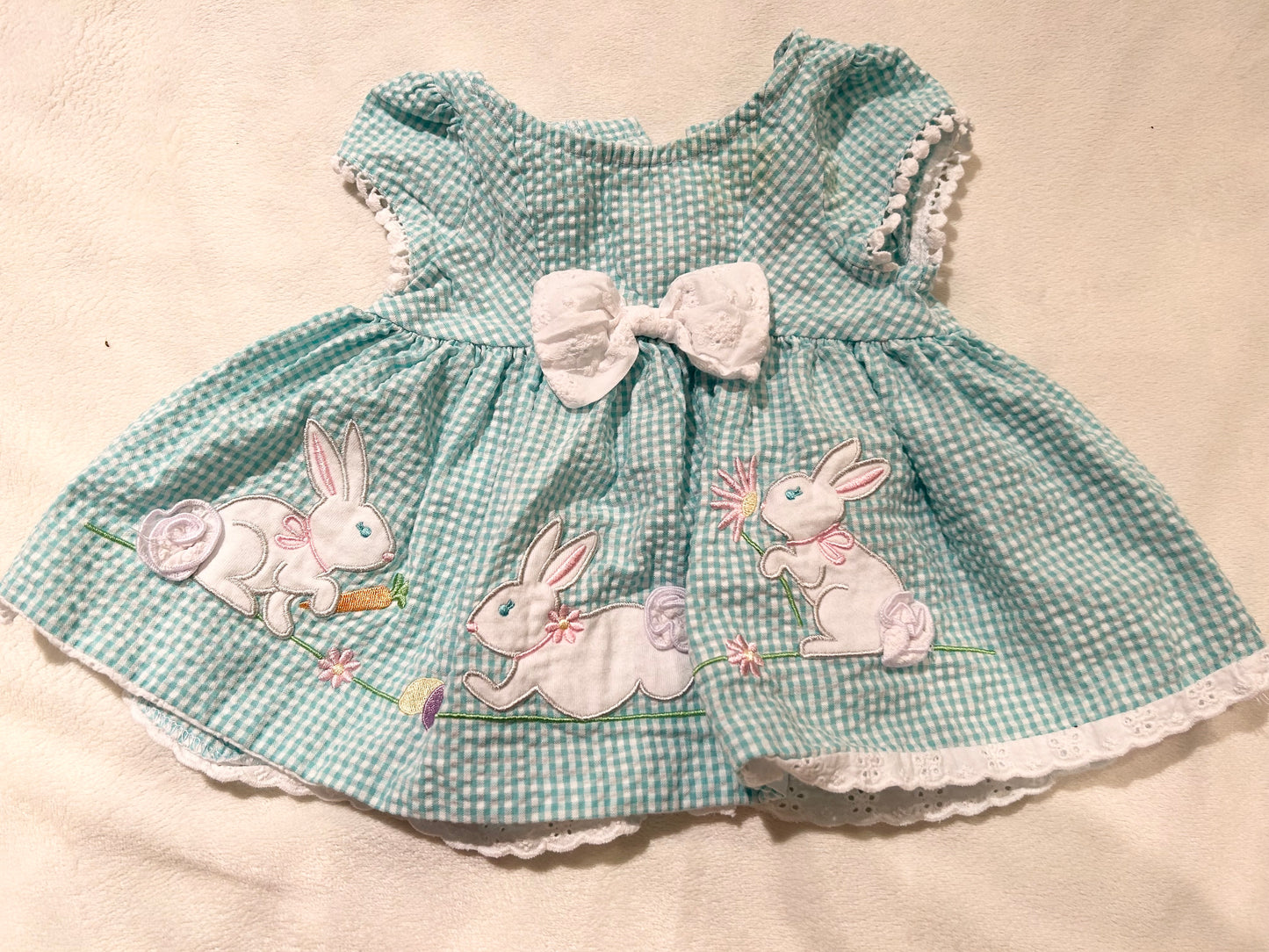 Good lad 3-6 month girl Seersucker dress with bunnies and matching bloomers