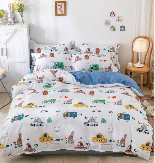 #121 Car Themed Twin Size Duvet Cover and Pillow Sham, EUC