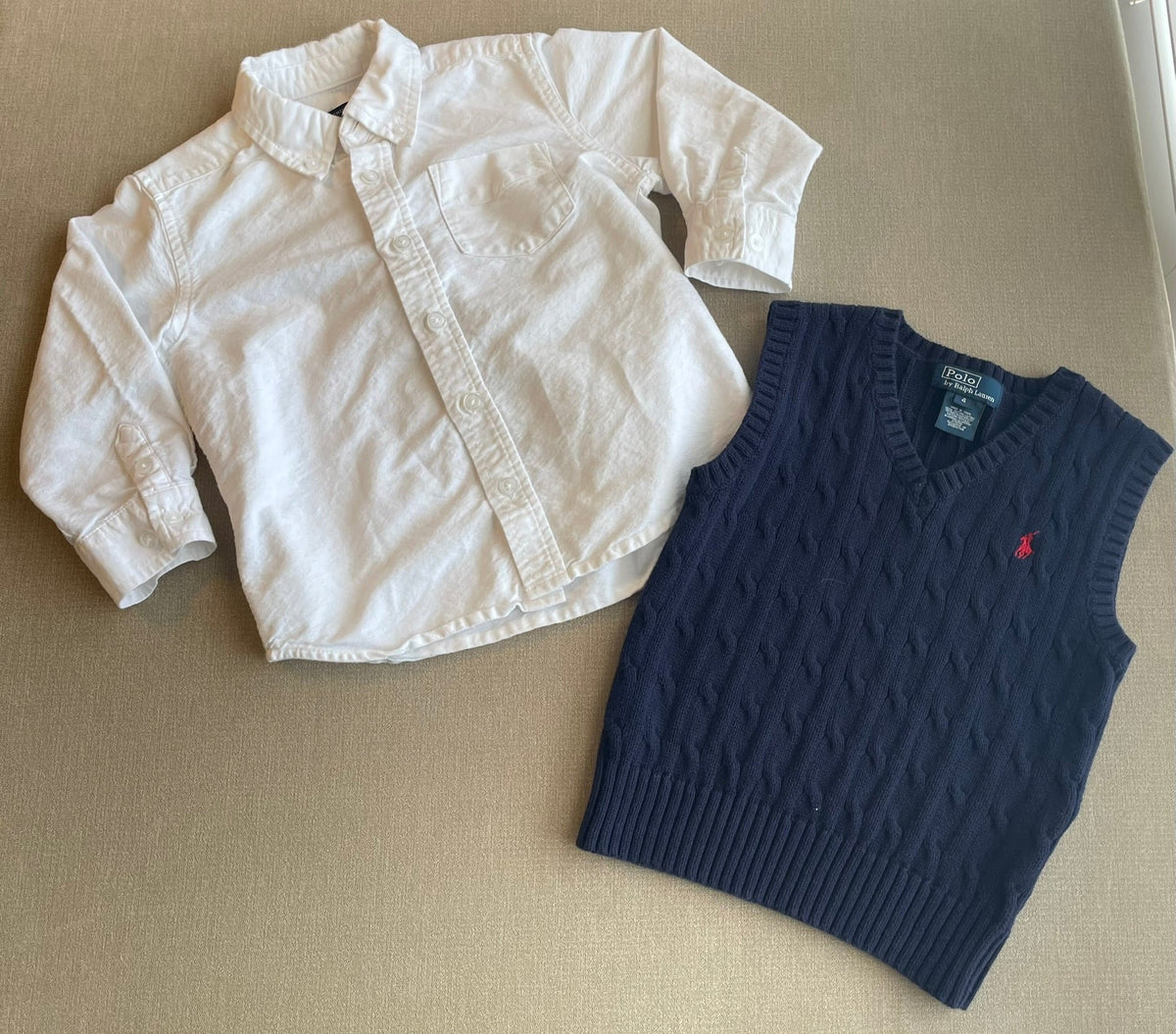 Seller #12 | Polo by Ralph Lauren Navy Blue Sweater Vest and Children's Place, White Long Sleeve Button Down | Outfit Bundle | EUC | Size 4T/4