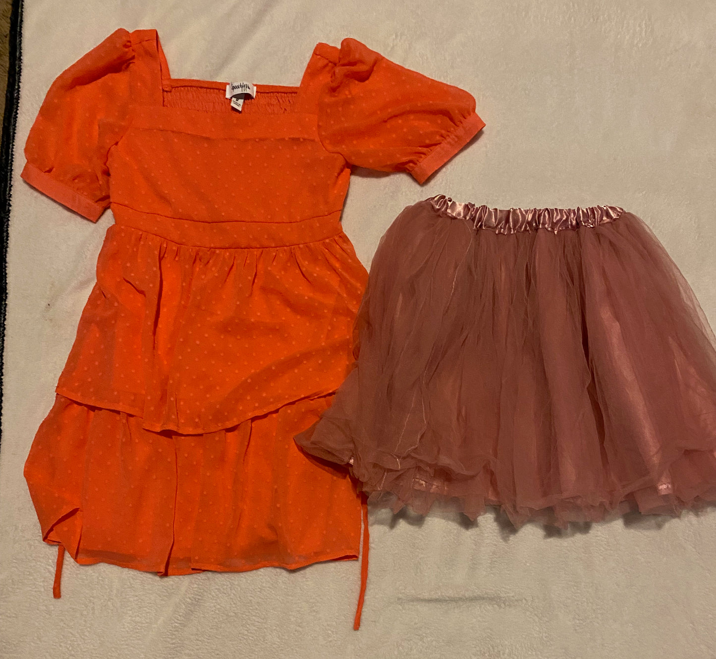 Size 8 coral dress with raised "polka dots" + size 6-8 pink tulle skirt