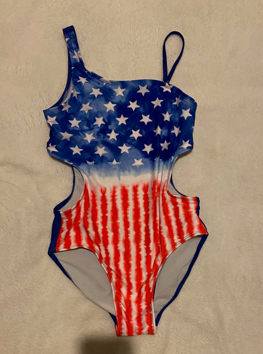 NEVER WORN Size 14 American flag one-piece swimsuit with cutouts
