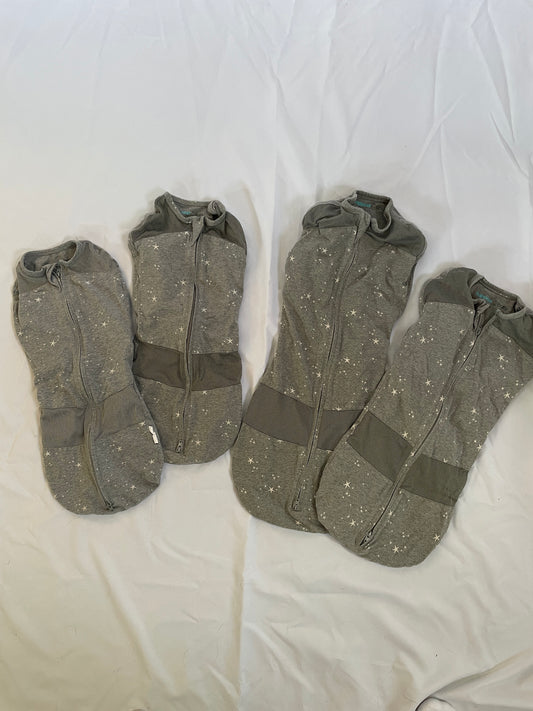 #107 - Happiest Baby Sleep Sack Bundle of 4- 2 Small, 1 Medium, 1 Large - gray stars zipper swaddle