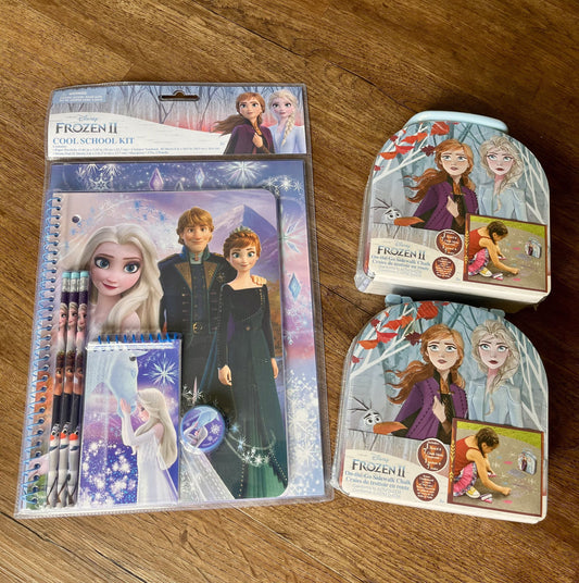 #124 NIB Disney Frozen School Set & 2 sets of sidewalk chalk