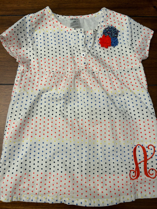 Carter's Girls White Top with Bright Colored Mini Polka Dots & Embroidered "A" Size 4T PPU 45040