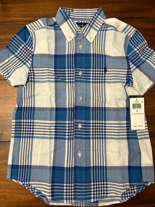 Polo Ralph Lauren Boys Blue Plaid Short Sleeve Button Down Dress Shirt Size 7 NWT PPU 45040