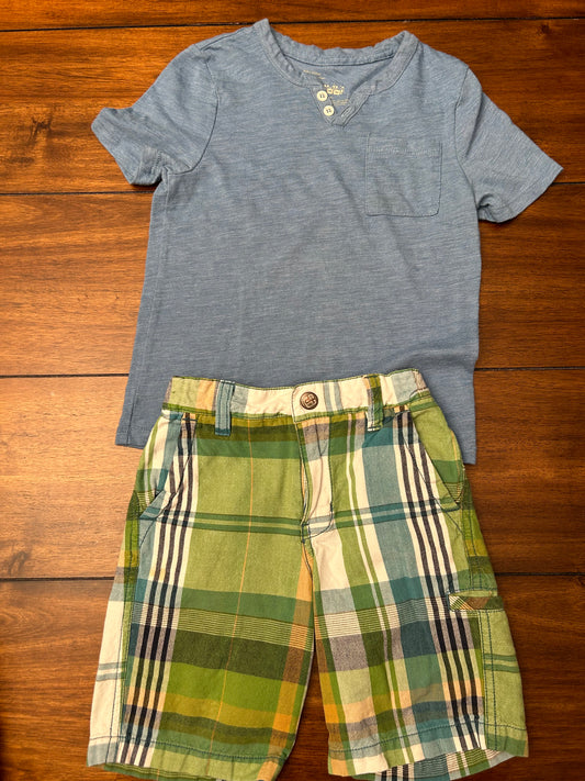 Did Too Boys Blue Henley Shirt & Green Plaid Shorts Set Size 2 PPU 45040