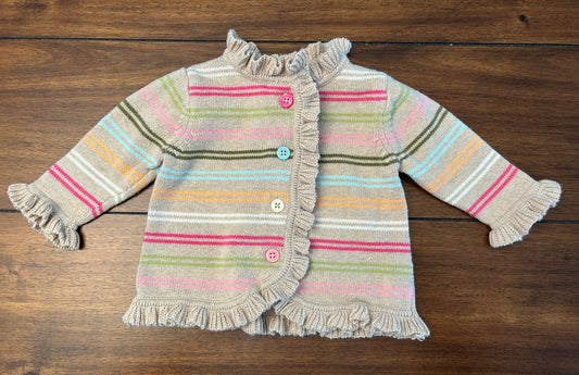 #201 Gymboree Girls Size 3-6M Light Brown	with Bright Colored Stripes Ruffled Button Down Cardigan