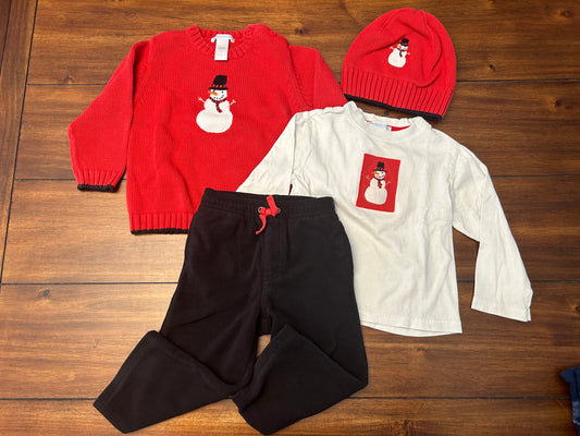 VGUC Janie & Jack Boys Size 2T Red & White Snowman Sweater, T-shirt, Fleece Pants & Hat Set