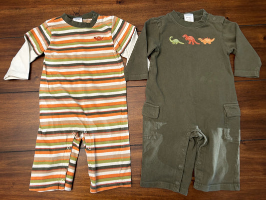 #201 Gymboree Boys Size 6-12M Green Dinosaur Appliqué Knit One Piece and Orange Green Brown & Cream One Piece Bundle