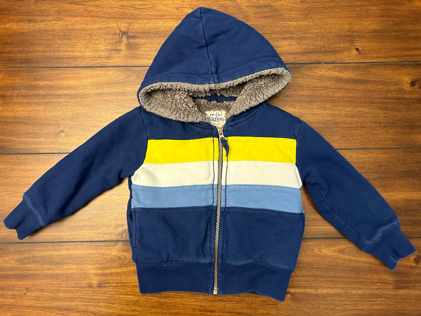 #201 Mini Boden Boys Size 2-3 Navy with Stripes Shaggy Sherpa Zip Up Hoodie