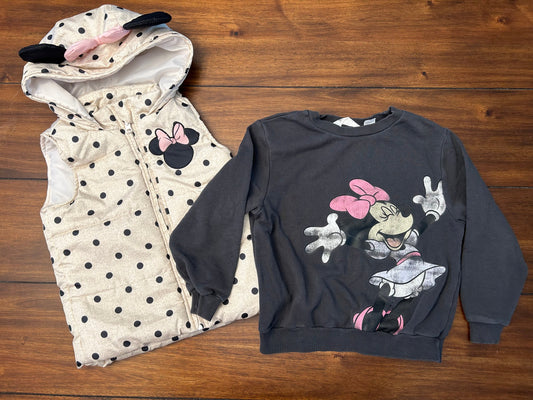 #201 Mixed Brands Girls Size 5 Minnie Mouse Black Polka Dot Disney Black Polka Dotted Hooded Puffer Vest & H&M Dark Gray Graphic Sweatshirt