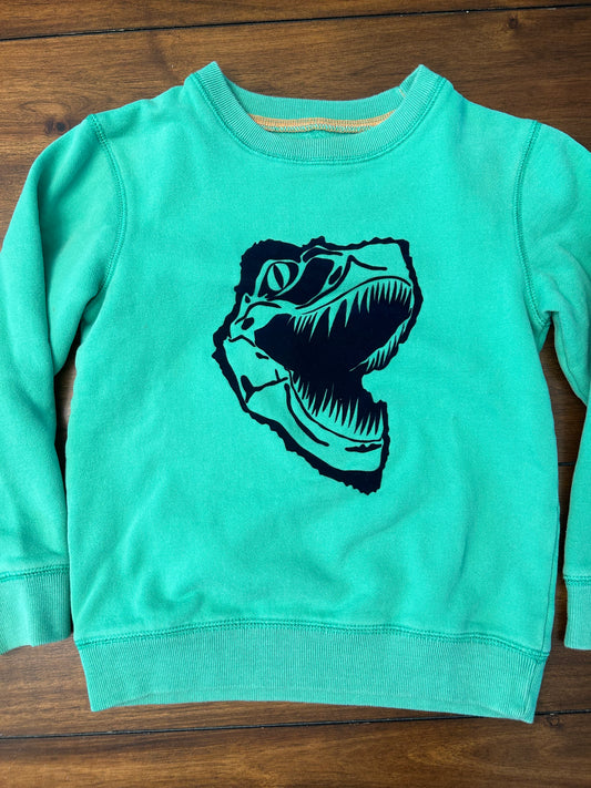 EUC Mini Boden Boys Size 6-7 Bright Green Dinosaur Felt Graphic Sweatshirt