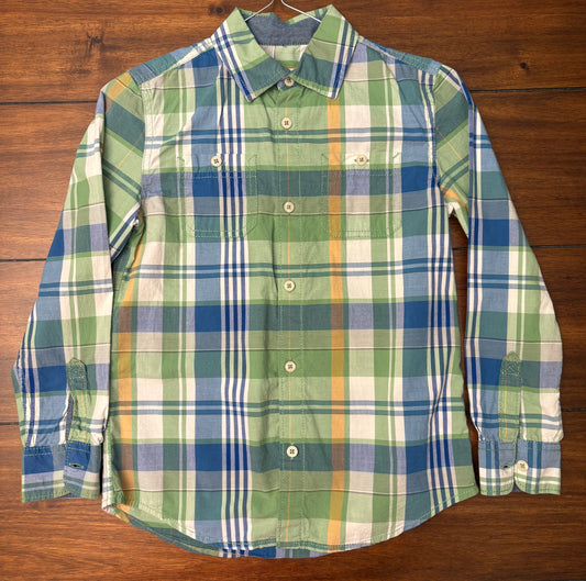 #201 Tucker & Tate Boys Size 7 Blue White & Green Plaid Long Sleeve Button Down Dress Shirt