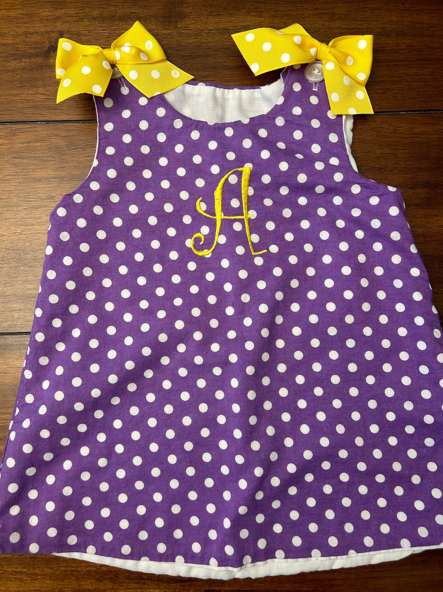 Handmade Girls Purple Dress with White Polka Dots and Yellow Embroidered "A"Size 2T PPU 45040