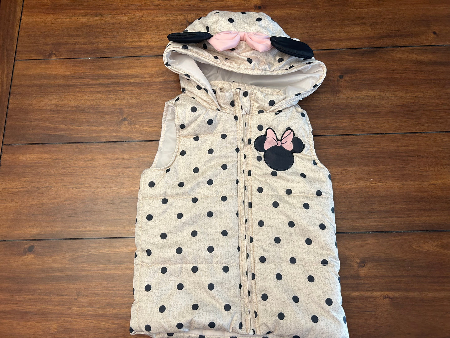 EUC Mixed Brands Girls Size 5 Disney Minnie Mouse Black Polka Dotted Hooded Puffer Vest & H&M Dark Gray Graphic Sweatshirt