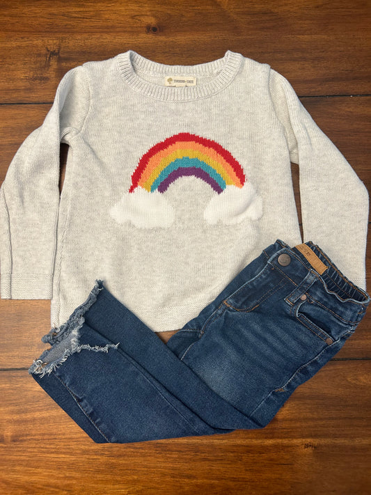 EUC Mixed Brands Girls Size 3 Cream Tucker & Tate Rainbow Sweater & Joe's Dark Denim Wash Jeans Outfit