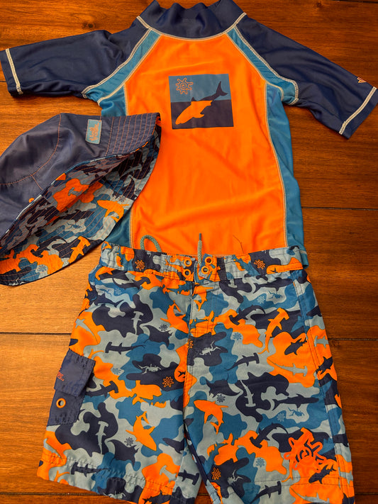 UV Skinz Boys Orange and Blue Shark 3 Piece Rash Guard Swimsuit Set Size 4T PPU 45040