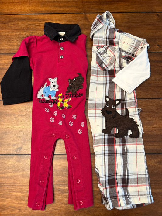 #201 Disney Boys Size 18M Maroon   and Cream Brown & Light Blue Plaid Scottie Dog Appliqué One Piece Bundle