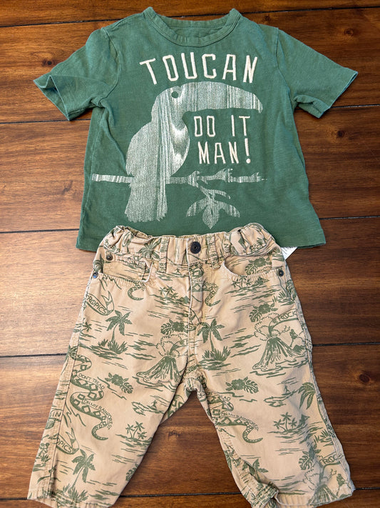 Gap	Boys Green & Khaki Toucan T-shirt & Bermuda Shorts Set Size 4 PPU 45040