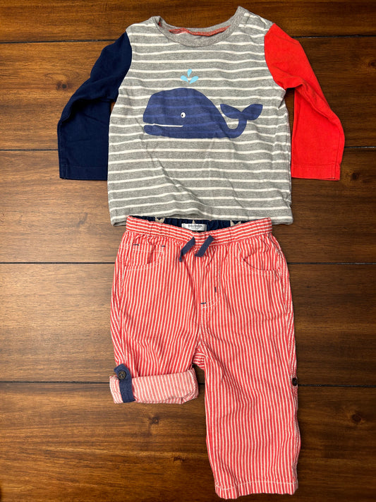 Baby Boden Boys Gray & White Stripe Whale Graphic Long Sleeve T-shirt and Red & White Striped Pants Set Size 12-18M PPU 45040