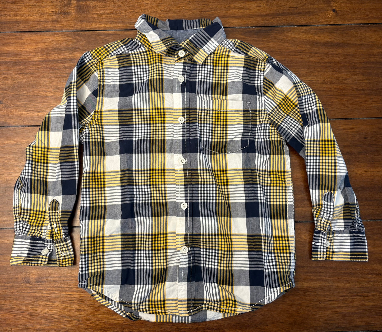 #201 Gymboree Boys Size 5-6 (S) Navy & Gold Plaid Long Sleeve Button Down Dress Shirt	Boys 5	Front pocket 	Animal free Smoke free home	7