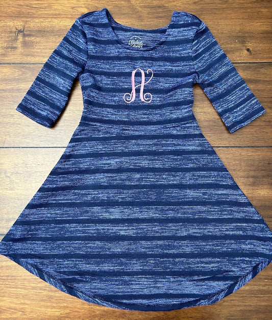 #201 Faded Glory Girls Size 4-5 Navy Striped Three-Quarter Sleeve A-Line Dress with Pink Embroidered "A" Initial