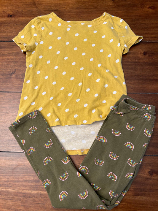 Old Navy Girls Yellow Hi-Low Top with White Polka Dots and Cat & Jack Army Green Leggings with Pastel Rainbows Size 5  PPU 45040