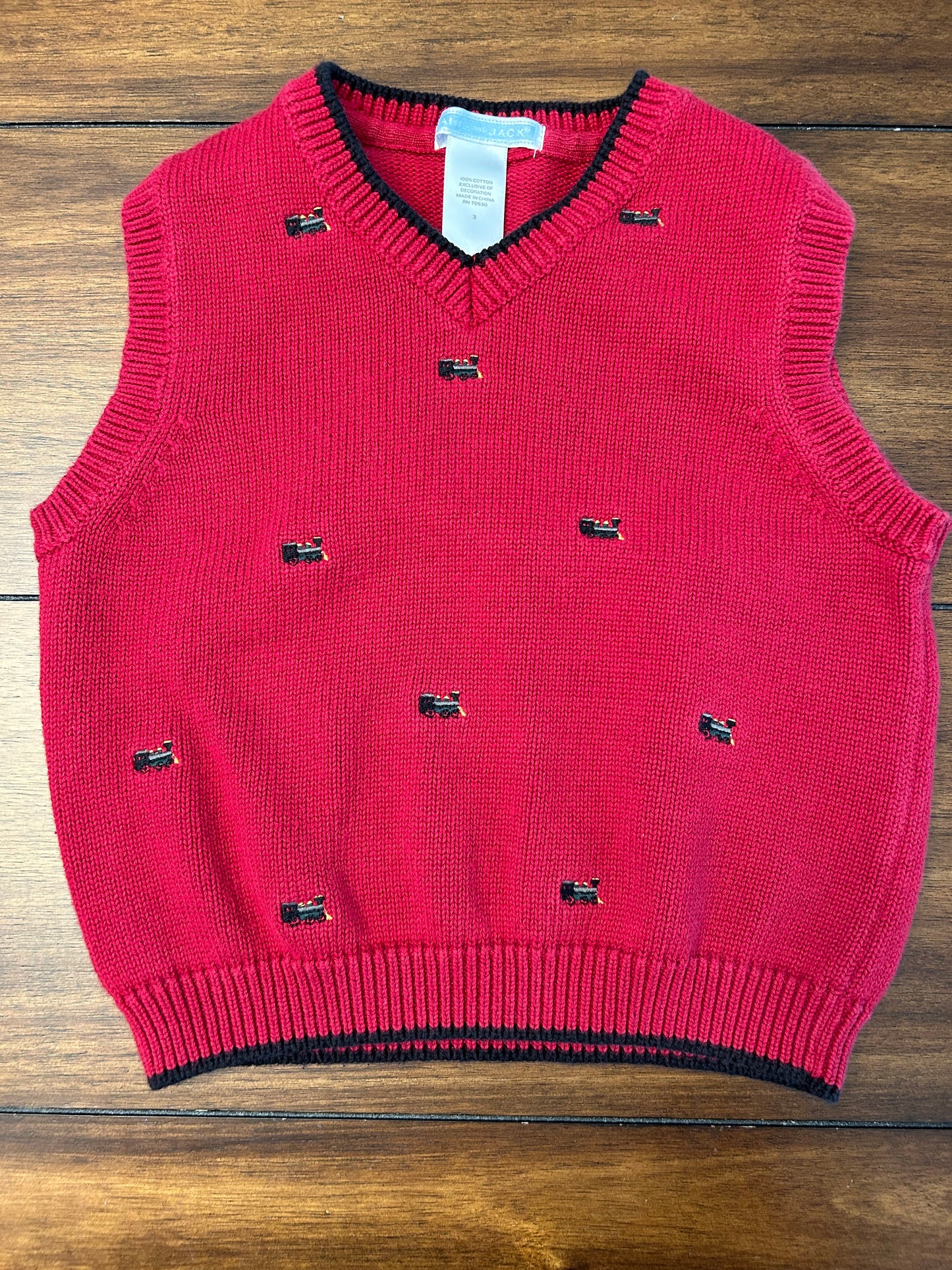 EUC Janie & Jack Boys Size 3 Red Sweater Vest with Embroidered Trains