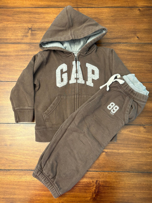 #201 Baby Gap Boys Size 4T Brown Hooded Zipper Sweatshirt & Sweatpants Set