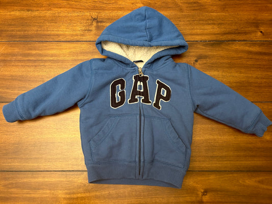 #201 Baby Gap Boys Size 12-18M Blue Sherpa Lined GAP Logo Hooded Zipper Sweatshirt