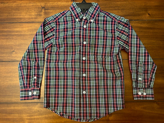 EUC Cass Club Boys Size 4-5 Navy Red White & Green Plaid Long Sleeve Button Down Dress Shirt